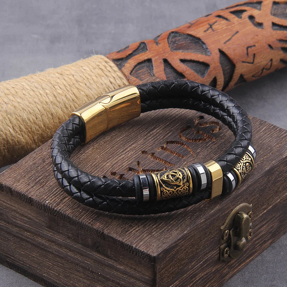 Punk Men Vikings Style Genuine Leather Bracelet Braided Multilayer Stainless Steel Norse Runes Bead Bangles Couple Jewelry Gift