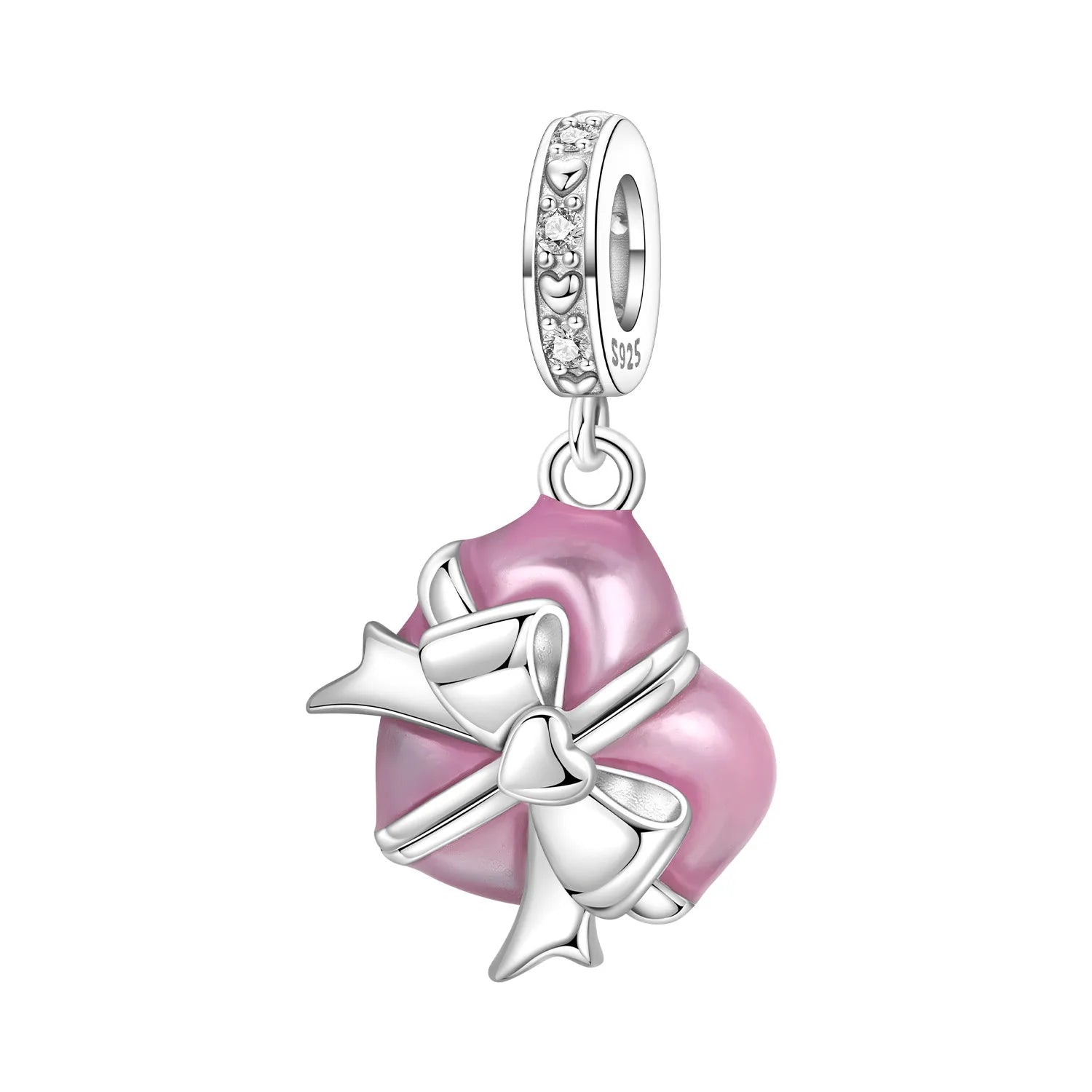 PANPOKI 925 Sterling Silver Pink Heart-shaped Gift Beads Original Pendant Bracelet Charm Jewelry Party DIY Trendy Gifts
