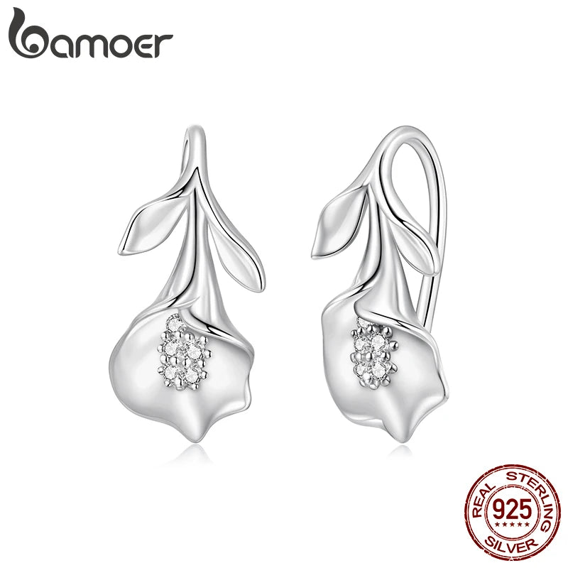 BAMOER Solid 925 Sterling Silver Calla Lily Hook Earrings for Women, Pavéd CZ 3D Flower Dangle Earrings Elegant Jewelry Gift