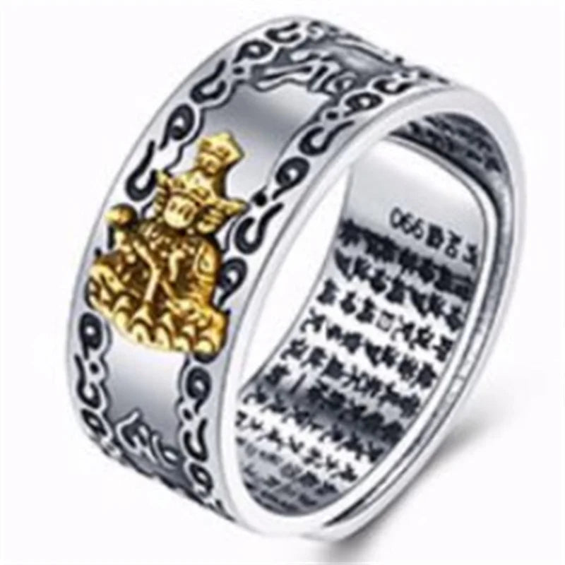 Vintage Silver Eight Guardian Buddha Ring for Men's Jewelry Lucky Twelve Zodiac Amulet Heart Sutra Ring Male Finger Accessories