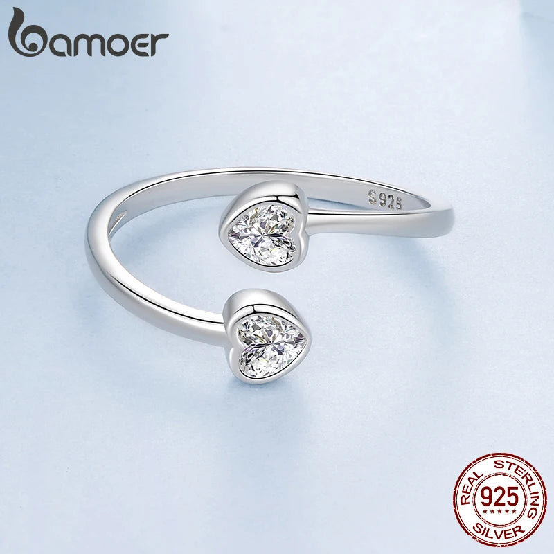 Bamoer 925 Sterling Silver Double Heart Arrow Open Ring Adjusable Promise Zircons Ring for Women Teens Minimalist Daily Gift