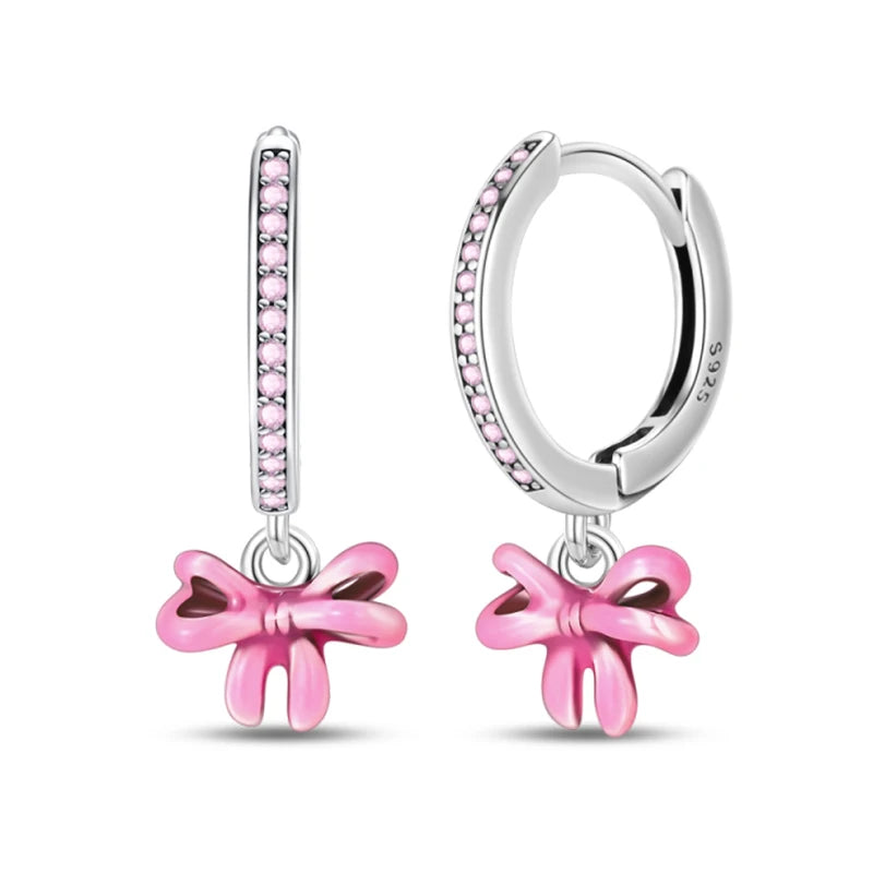 New Earring For Women 925 Silver Sparkling Butterfly Bear Pink Heart Princess Double Hoop Earrings Luxury Party Jewelry