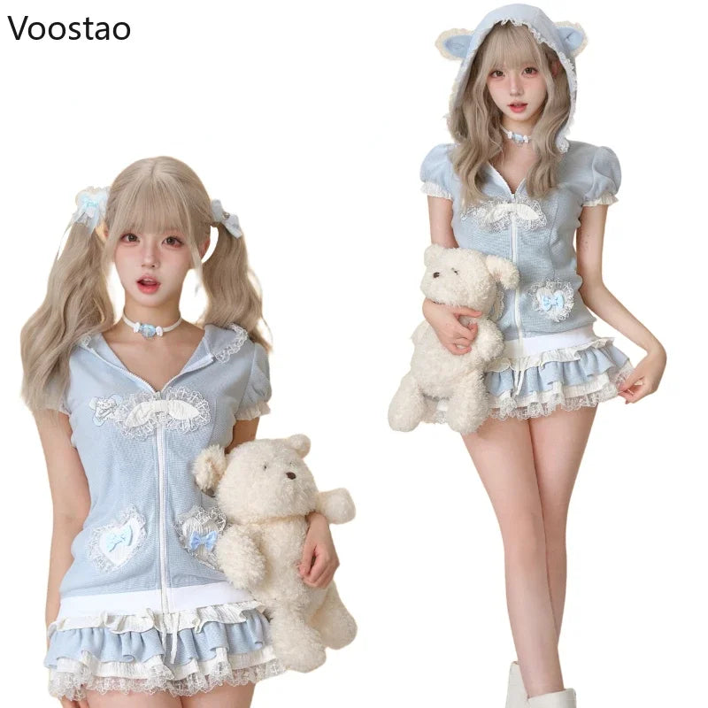 Japanese Sweet Lolita Style Skirt Set Women Kawaii Bear Ear Hooded Coat Top Cute Cake Skirt Suit Female Y2k Bowknot Lace Outfits