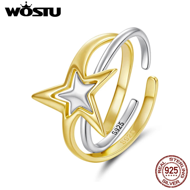 WOSTU Two Tone Gold 925 Sterling Silver Star Stackable Ring For Women , S925 Silver Open Rings Minimalist Unique Jewelry Gift