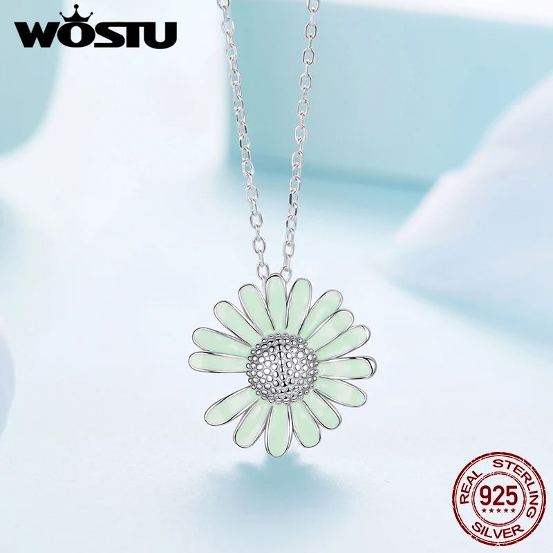 WOSTU Real 925 Sterling Silver Daisy Flower Necklace Gifts for Women, Green Enamel process Flower Pendant Party Xmas Jewelry New
