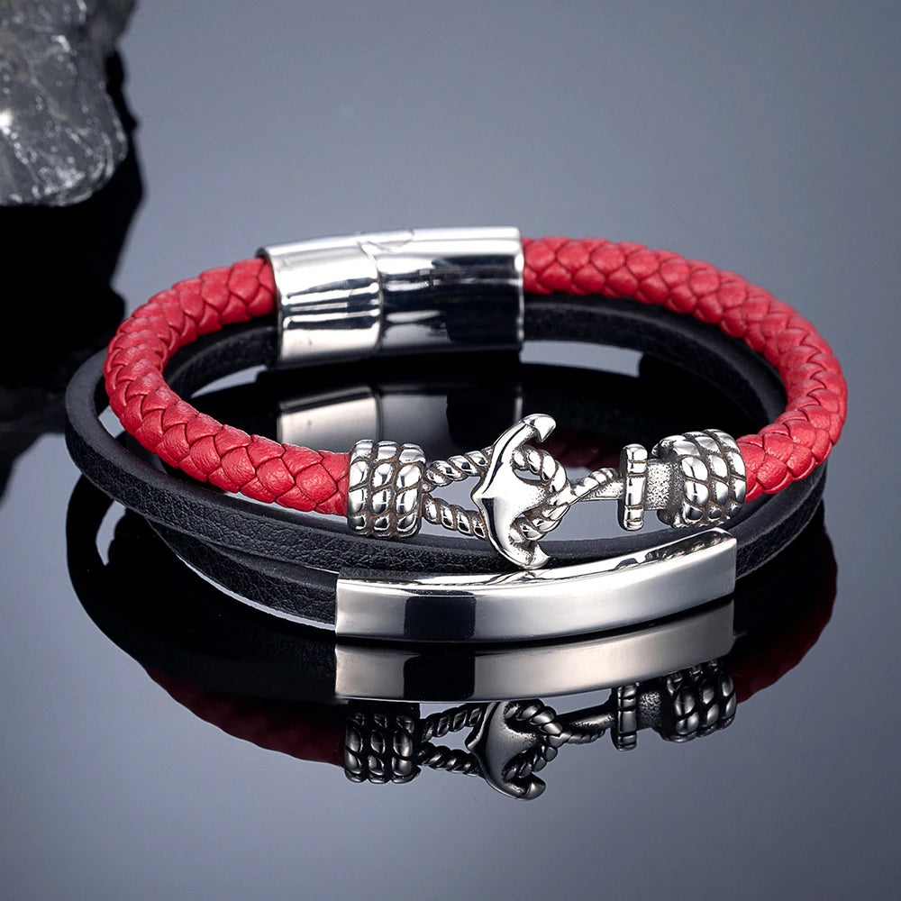 MKENDN Classic Men Anchor Bracelet Woven Multilayer Braided Leather Bracelets For Women Stainless Steel Sailor Jewelry Gifts