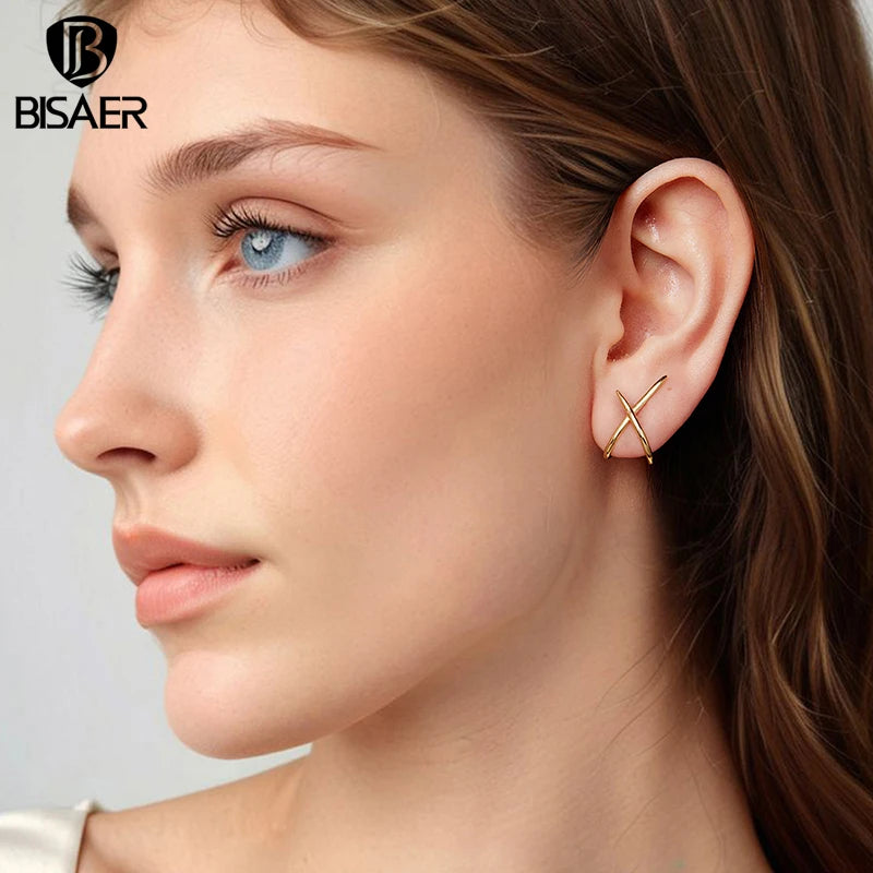 BISAER 925 Sterling Silver Simple X Stud Earrings Minimalist Geometry Lines Stud Ear Plated Gold for OL Women Party Fine Jewelry
