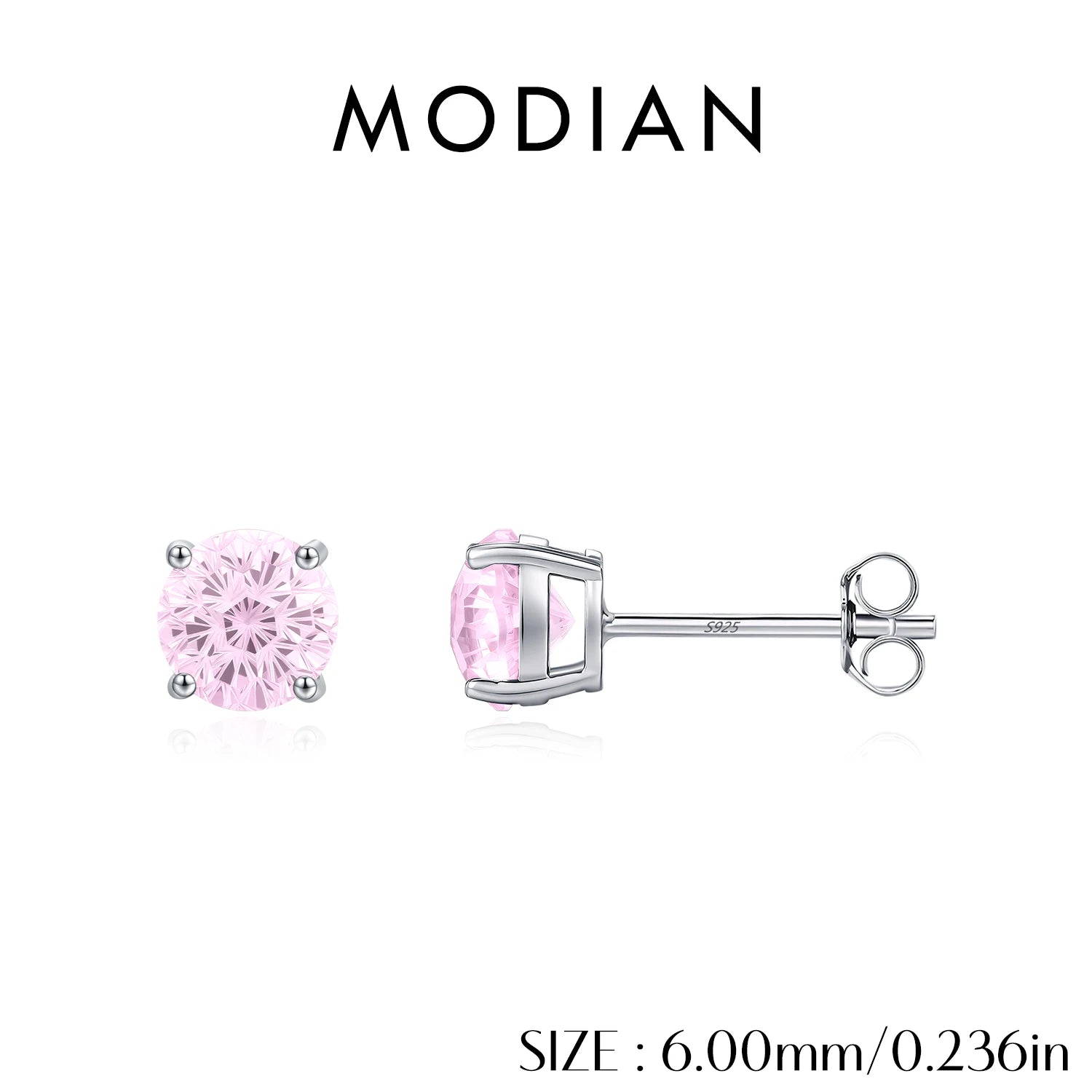MODIAN 925 Sterling Silver Sweet Light Pink Round Firework Cut CZ Studs Earrings For Women And Men Fine Jewelry