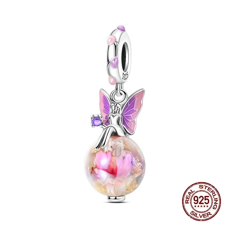 100% 925 Sterling Silver Glowing Planet Zircon Flower Fairy Four Leaf Clover Charms Bead Fit Original Bracelets DIY Jewelry Gift
