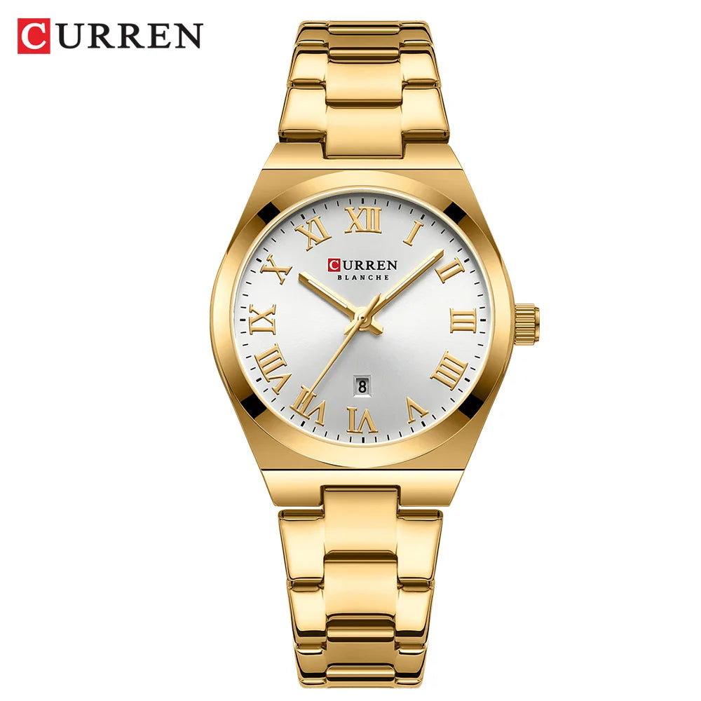 CURREN Fashionable Quartz Watches for Women Roman Numerals Simple Elegant Stainless Steel Braclete Ladies Wristwatch