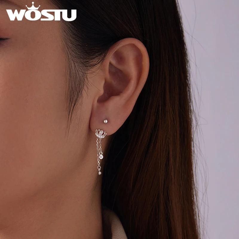 WOSTU Drop Lotus Earrings For Women , 925 Sterling Silver Original Shiny CZ Chain Link Long Flower Stud Earring Wedding Gift