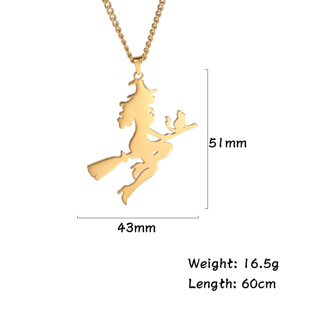 Flying Witch Silhouette Pendant Necklace for Women Fashion Stainless Steel Gold Silver Color Necklace Jewelry for Christmas Gift