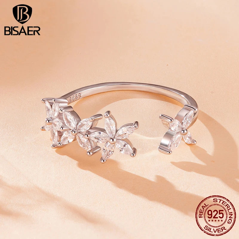 BISAER Real 925 Sterling Silver Autumn Leaves Open Ring Sparkling Zircon Band Adjustable Size 5-9 for Women Party Fine Jewelry