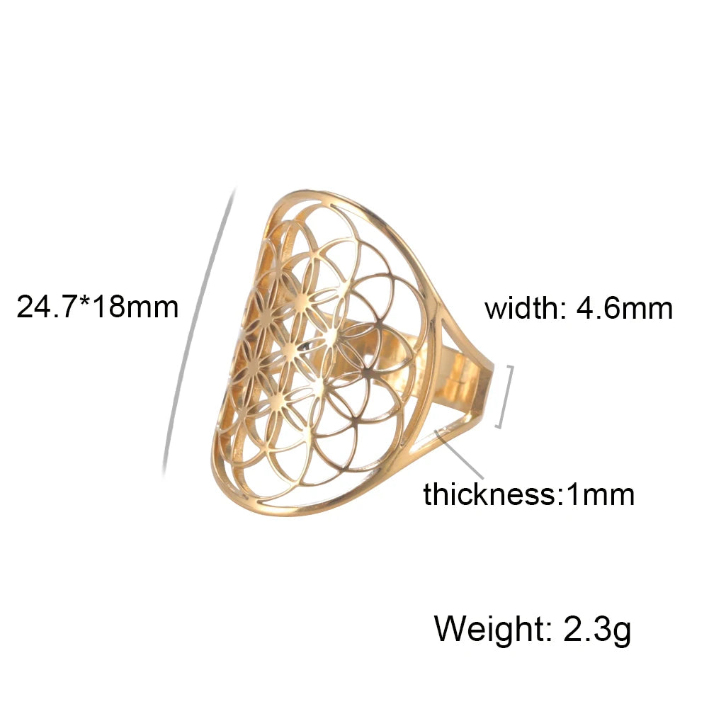 Unift Scared Geometry Flower of Life Ring Adjustable Stainless Steel Ring Men Women Accessories Vintage Filigree Viking Jewelry - Madeinsea©