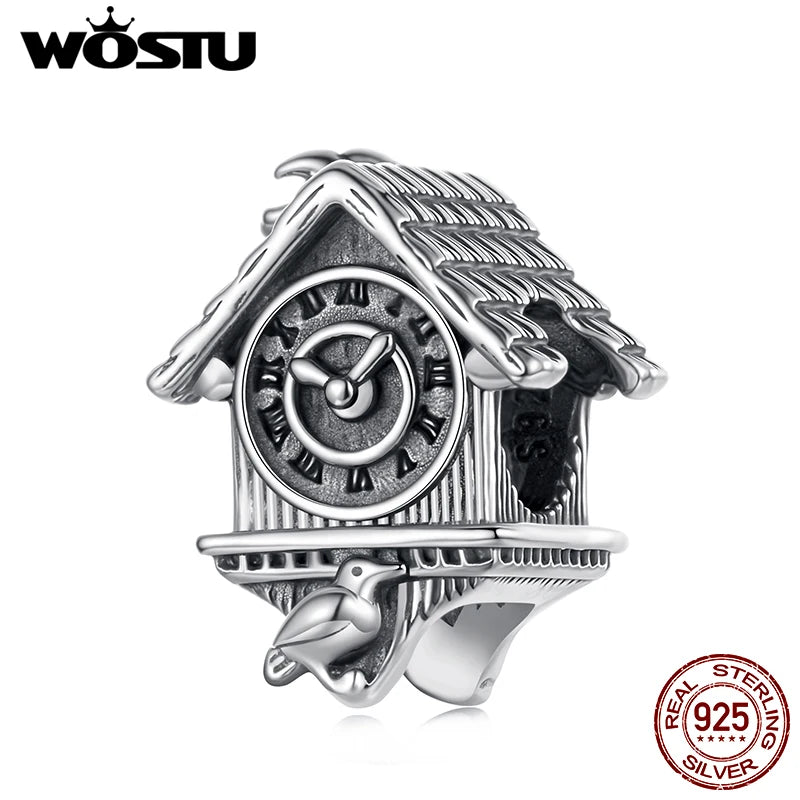 WOSTU Retro 925 Sterling Silver Cuckoo Clock Charm Vintage House Clock Beads Fit Original Bracelet Jewelry Making DIY Gift