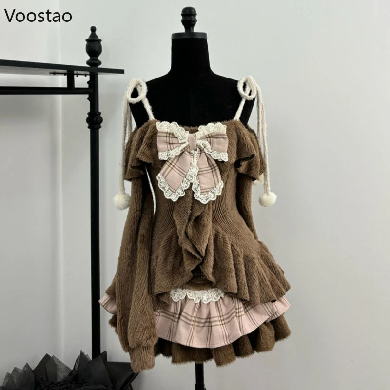 Vintage Sweet Lolita 2 Piece Sets Women Japanese Off Shoulder Bow Blouse Tops Plaid Cake Mini Skirt Suit Girls Cute Y2k Outfits