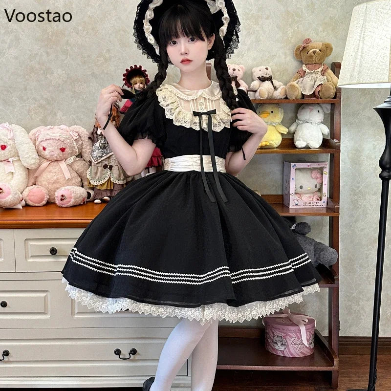Elegant Kawaii Lolita Princess Dress Women Harajuku Sweet Bow Lace Ruffles Black Mini Dresses Japanese Gothic Y2k Party Dress