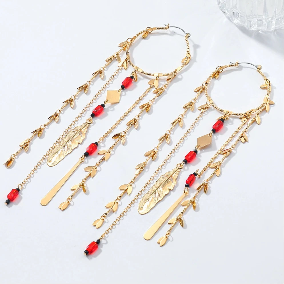 ZAA Exaggerated Tassel Feather Alloy Multi-layer Earrings