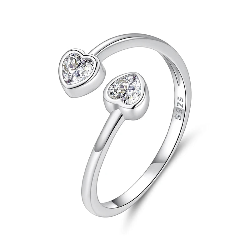 WOSTU Adjustable Double Heart Ring for Women, Sterling Silver Stackable Open Band Minimalist Promise Ring Gift for Lover Mom