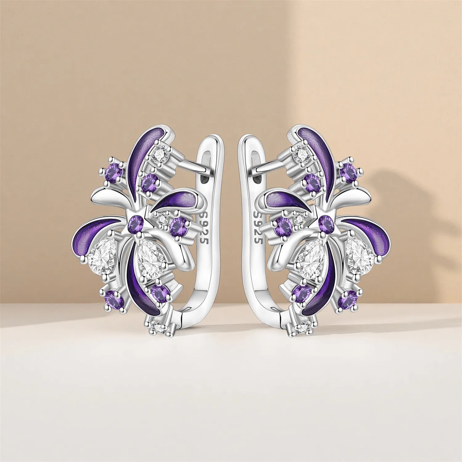 PANPOKI S925 Sterling Silver Purple Zircon Lucky Symbol Earrings Versatile Hoop Earrings For Women Jewelry Original Gifts
