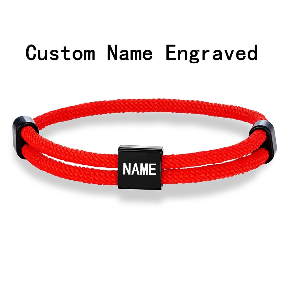 MKENDN SOS Custom logo Name Engrave Text Adjustable Rope Bracelet Customize Stainless Steel Square ID Bracelets For Women Men