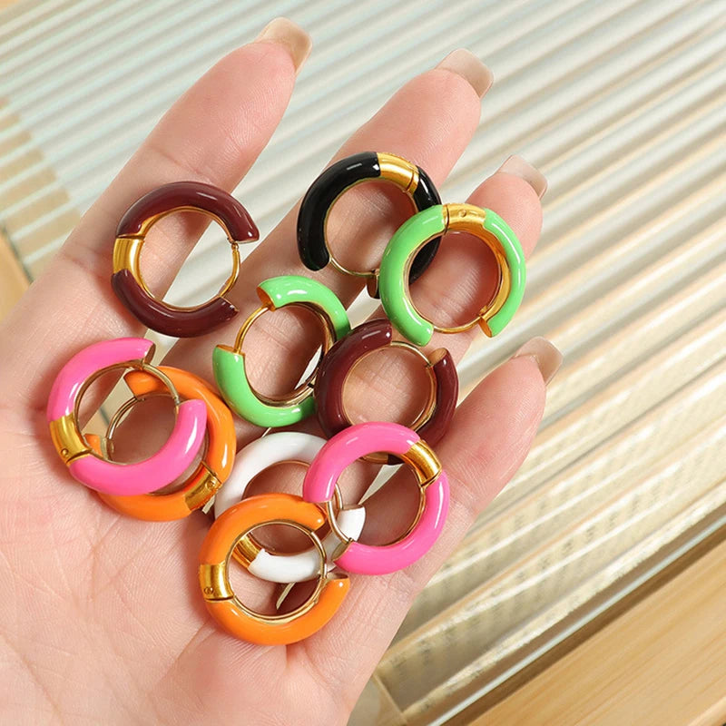 AENSOA Colorful Enamel Stainless Steel Hoop Earrings for Women Geometric Round Circle Earrings Trendy Gold Color Jewelry 2023