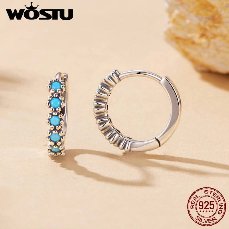 WOSTU 925 Sterling Silver Blue Turquoise Rings Earrings For Women , Handmade Vintage Twist Round Turquoise Dainty Jewelry set