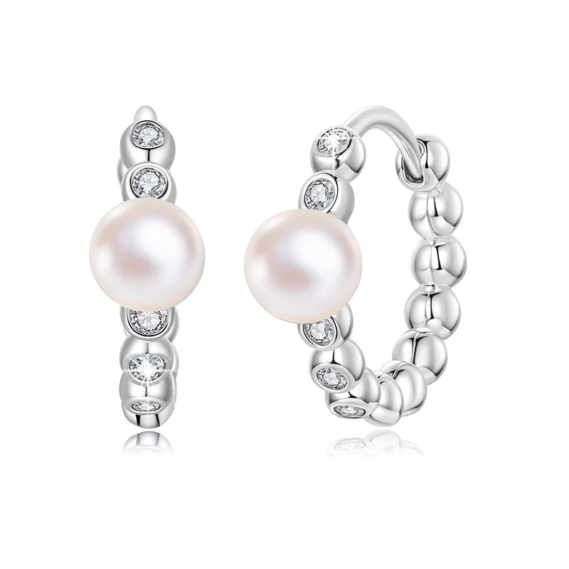 WOSTU Moissanite & Natural Pearl Bubble Hoop Earrings For Women, 925 Sterling Silver Elegant Huggies Pendient Xmas New Gift