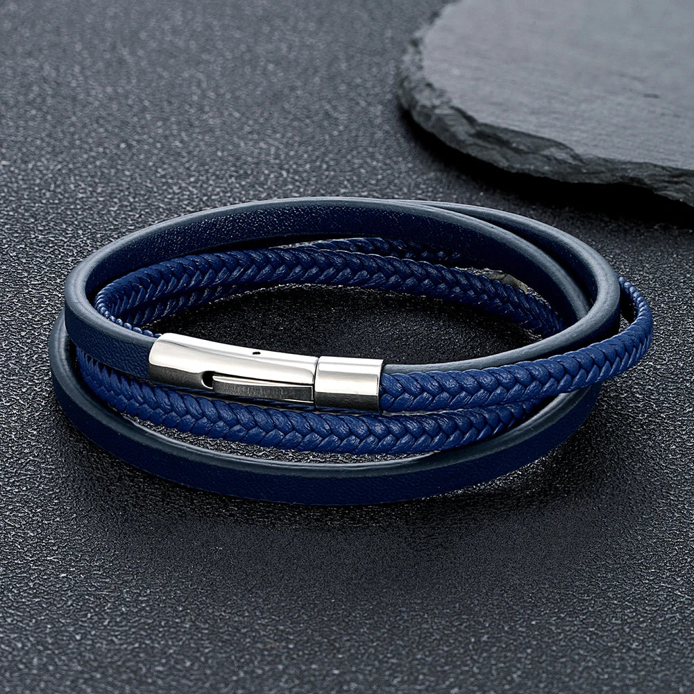 MKENDN Minimalist Men Double Strand Woven Orange Leather Bracelet Stainless Steel Button Buckle Accessories Handmade Jewelry