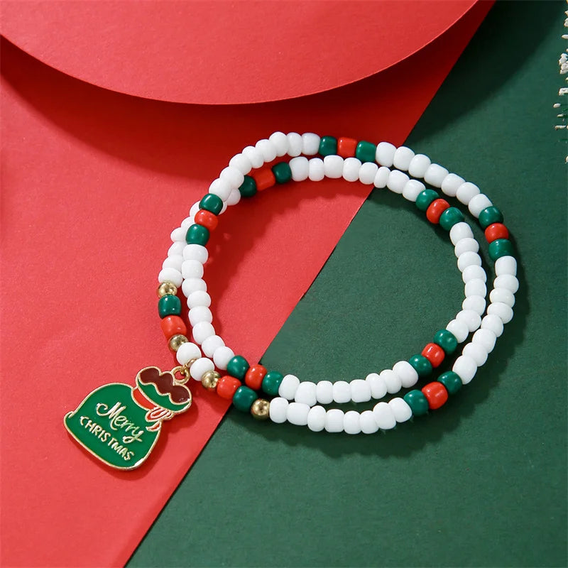 Handmade Rice Beads Christmas Bracelet for Women Santa Claus Snowman Xmas Tree Elk Pendant Bracelets New Year Party Jewelry Gift