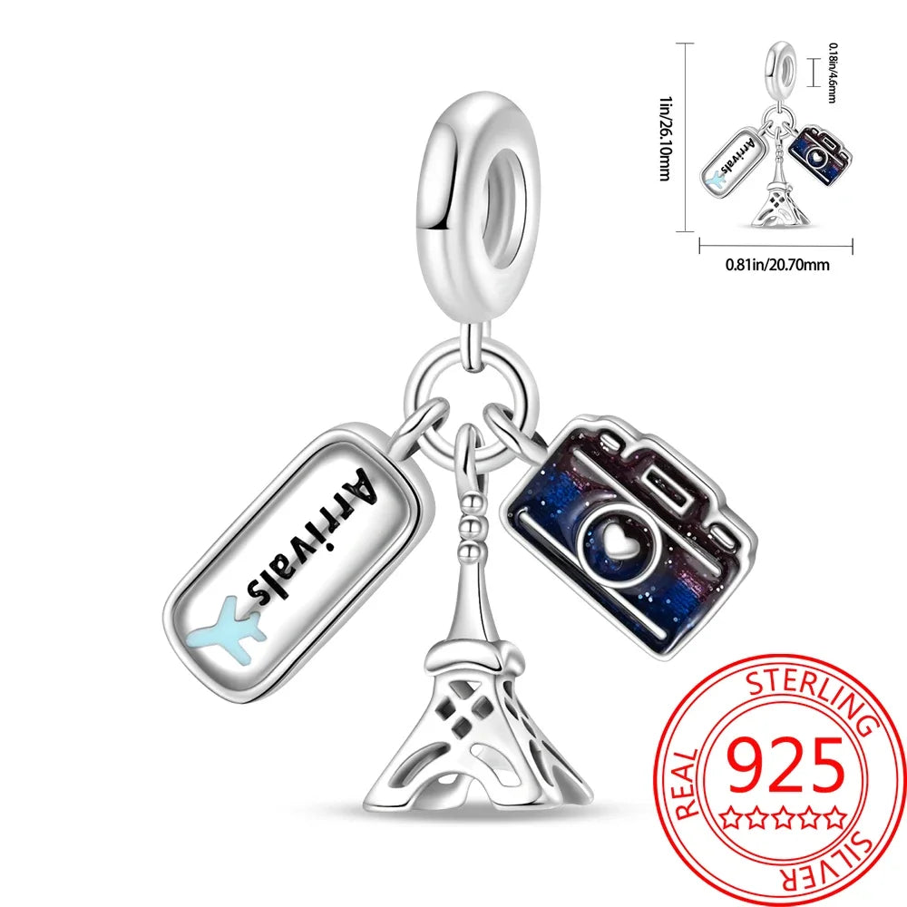 Creative 925 Sterling Silver Eiffel Tower Gold Heart Double Charm Fit DlY Bracelet Necklaces Women's Dating Jewelry Accessories