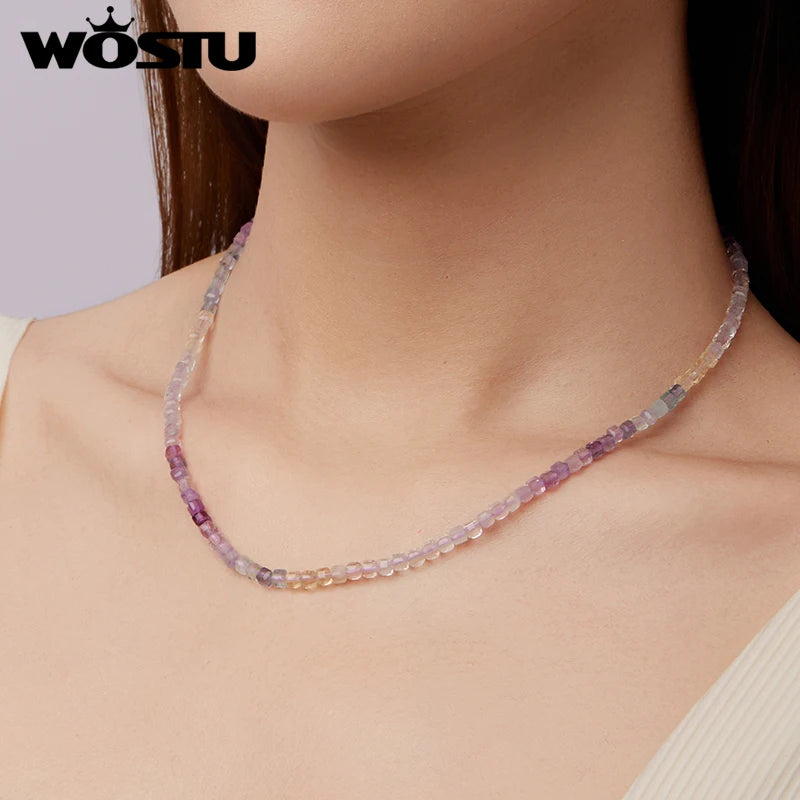 WOSTU 925 Sterling Silver Lucky Strawberry Crystal Necklace Fluorite Sun Fold Wear Chain for Women Girl Party Gift Fine Jewelry