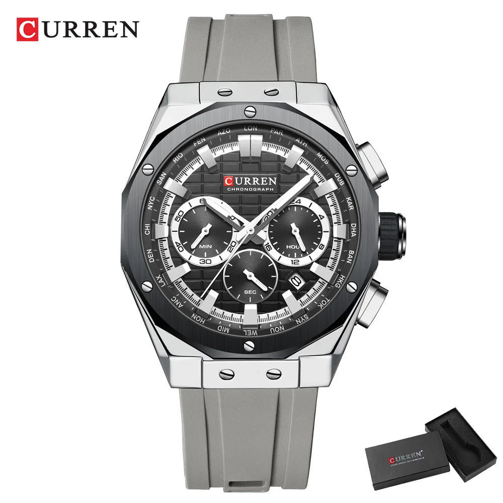 CURREN Casual Sports Quartz Watches for Men Silicone Band Business Chronograph Wristwatch with Date