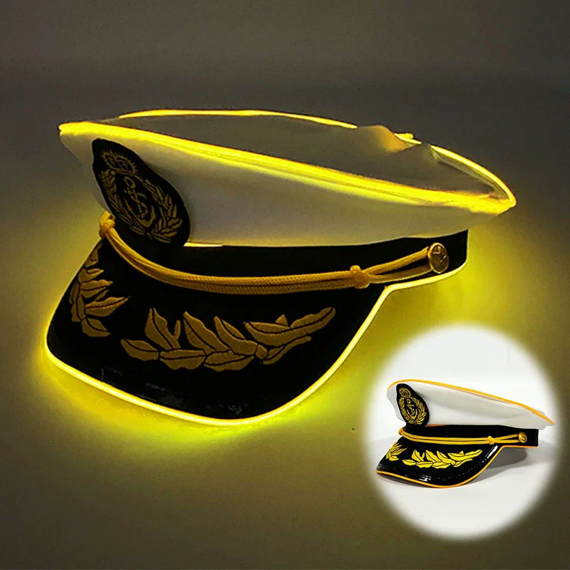 New Luminous White Sailor Captain Yacht Caps Wheat Embroidery LED Glow Navy Marine Hat Men Women Cosplay Halloween Costume Hats
