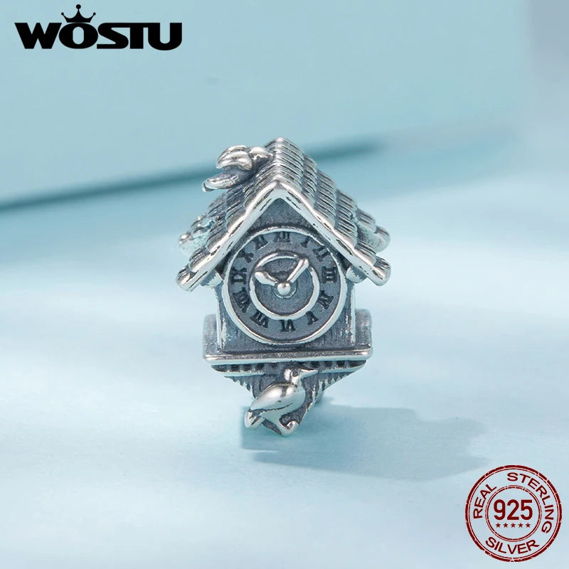 WOSTU Retro 925 Sterling Silver Cuckoo Clock Charm Vintage House Clock Beads Fit Original Bracelet Jewelry Making DIY Gift