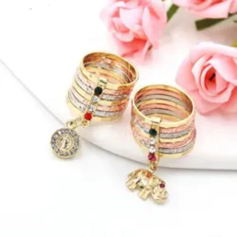 Luck Rose Butterfly Owl Elephant Guadalupe's Cross Dolphin Heart Turtle Clover Religious Jewelry Oro Laminado Rings