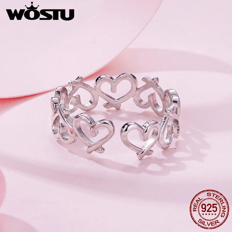 WOSTU Real 925 Sterling Silver Heart To Heart Open Ring For Women, Adjustable Stacking Hollow Ring Valentine's Day Gift for Her