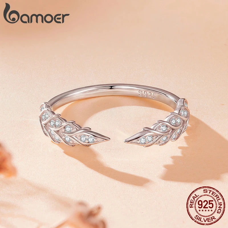 Bamoer 925 Sterling Silver Wheat Ear Open Ring Adjusable Pave Setting CZ Feather Shape Ring for Women Girl Lucky Party Gift