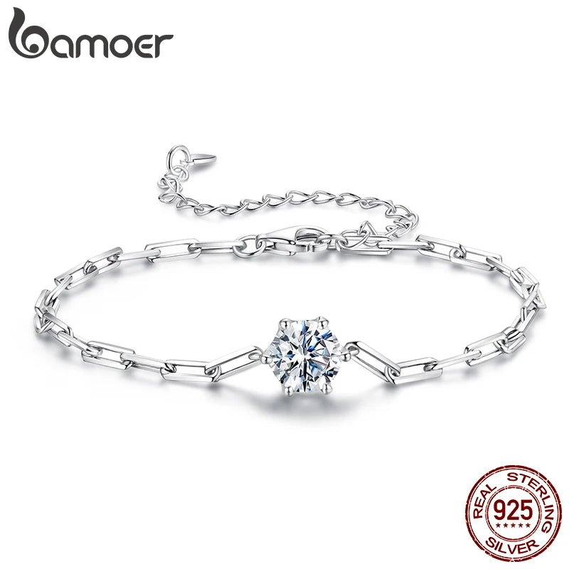 BAMOER 1CT Moissanite Bracelet 6-Prong Setting Adjustable Link Wrist Chain for Women 925 Sterling Silver Wife Mom Birthday Gift
