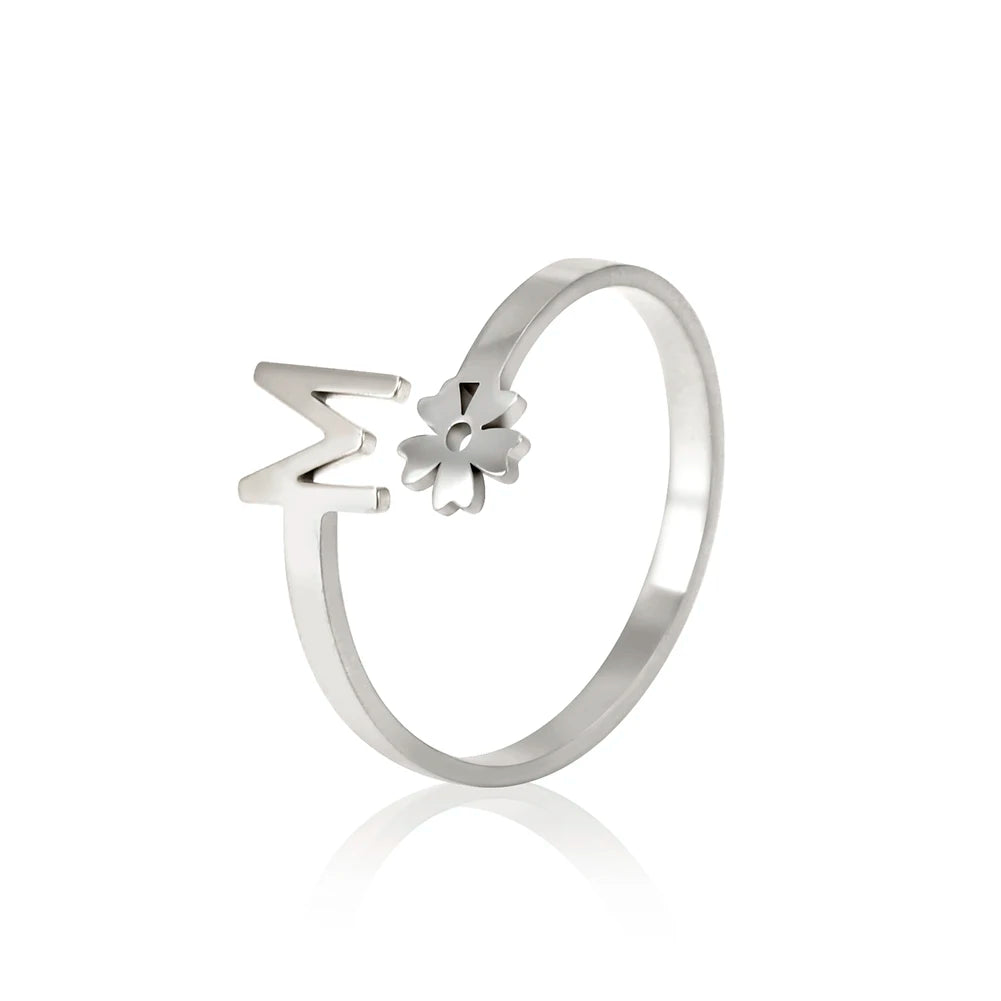 Stainless Steel Flower 26 Alphabet Open Ring for Women A-Z Initial Name Ring 2022 New Fashion Jewelry for Birthday Gift