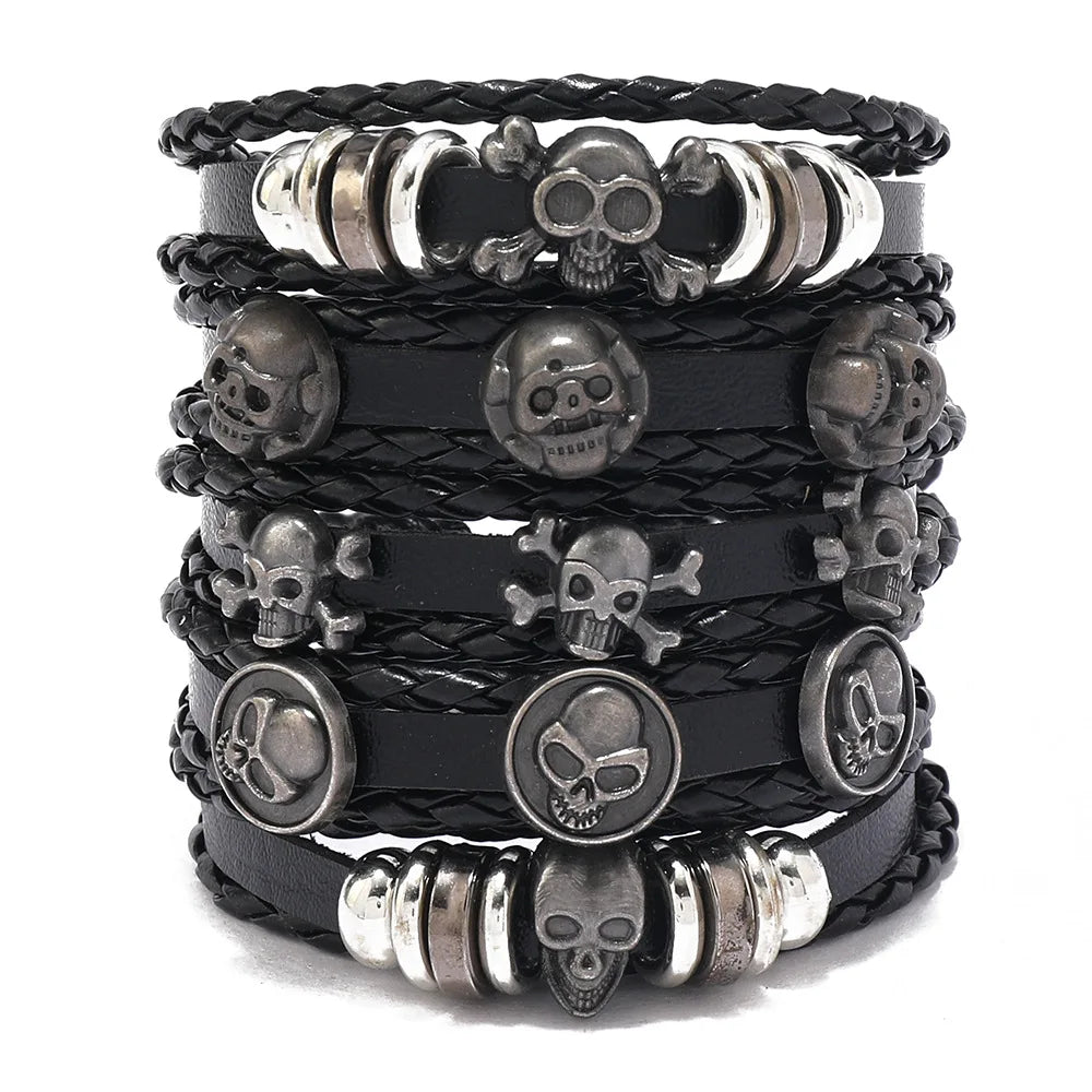 8 Fashion Bracelet Viking Bracelet For Men Hand Bracelets Woven Skull Hand Jewelry Adjustable Leather Set Bracelet For Leather