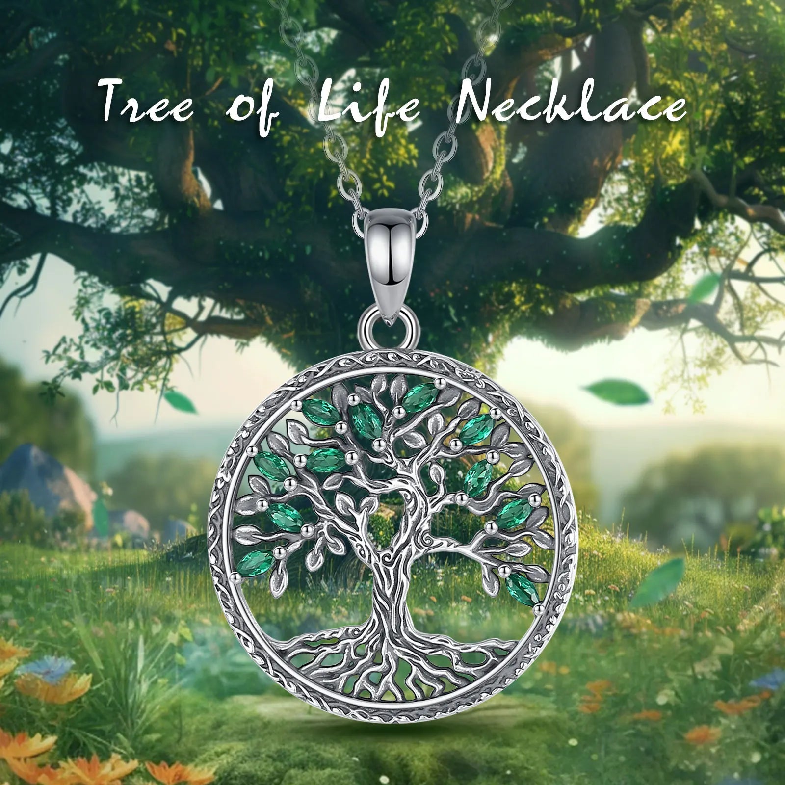 Eudora 925 Sterling Silver Tree of Life Necklace for Women Green Zircon Yggdrasil Pendant Tree Jewelry Gift for Mom and Grandma