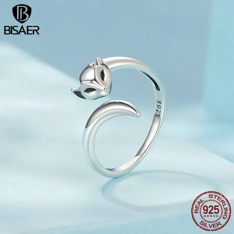 BISAER Bague ouverte en argent sterling 925 en forme de renard mignon avec animaux intelligents Taille réglable 5-9 pour femme Bijoux fins de fête ECR1066