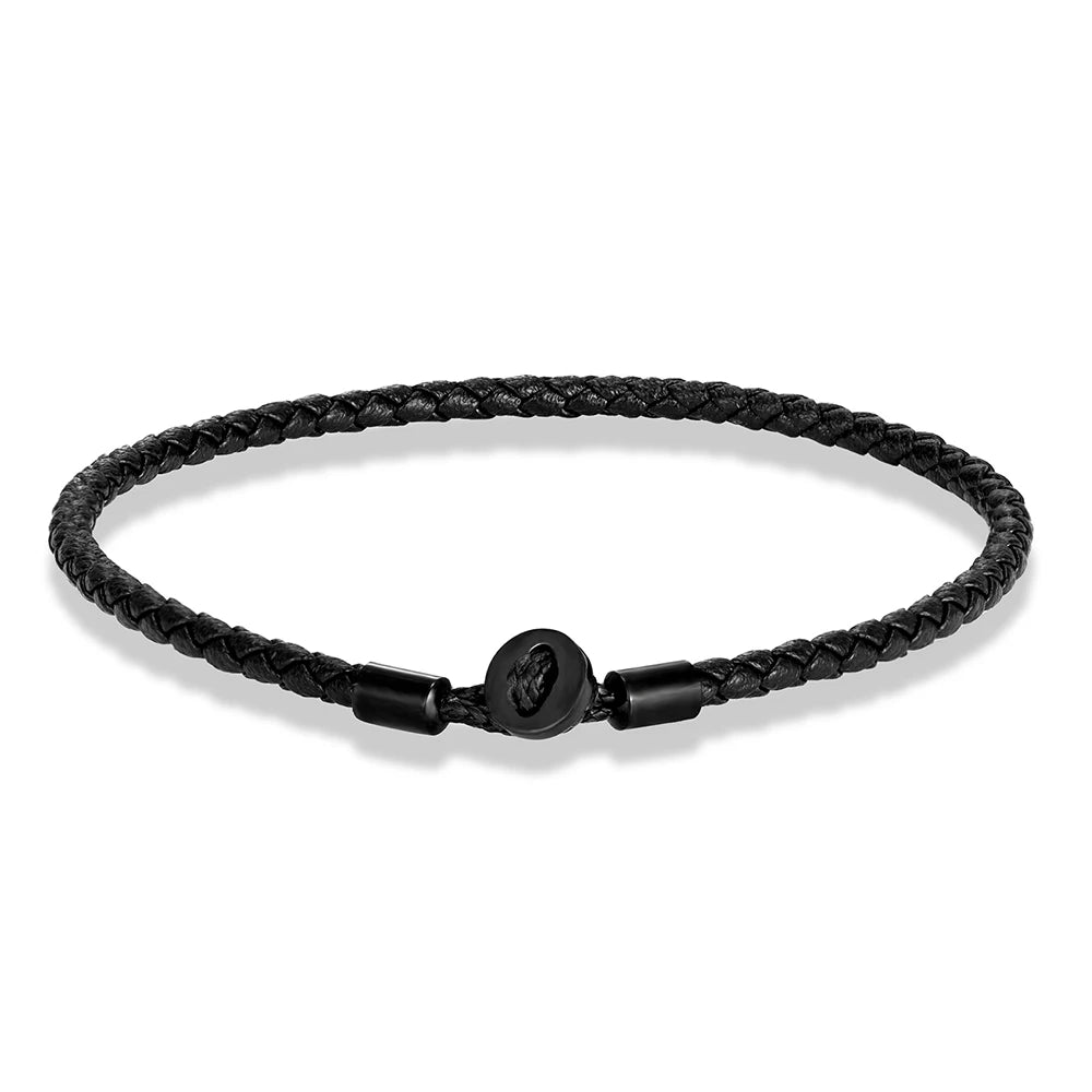 MKENDN Simple Style Black Stainless Steel Button Braided Leather Bracelet For Men Women Couple Jewelry Gifts Homme