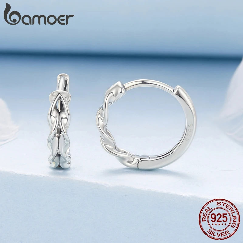 BAMOER Geometric Hoop Earrings Twisted Round Ear Buckles Original for Women Punk Girls 925 Sterling Silver Simple Jewelry Gift
