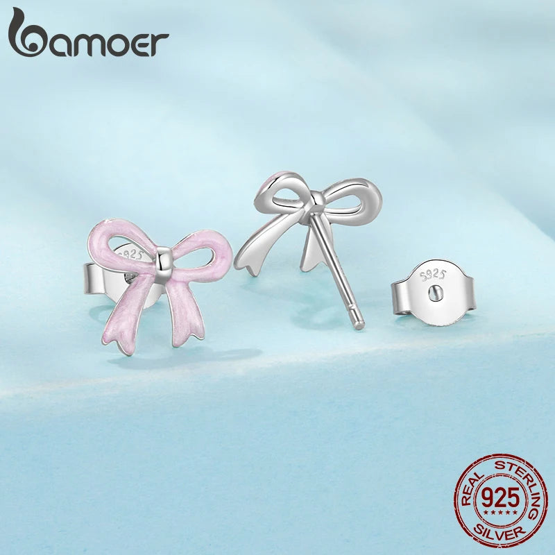 BAMOER 925 Sterling Silver Enamel Pink Bow Stud Earrings Cute Bowknot Earrings for Young Women Girl Sweet Jewelry Gift Lovely