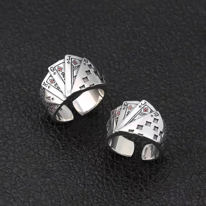 Retro Royal Flush Poker Ring For Men Punk Gothic Rock Hiphop Open Ring Unisex Accessories Handmade Designer Jewelry Lover Gift