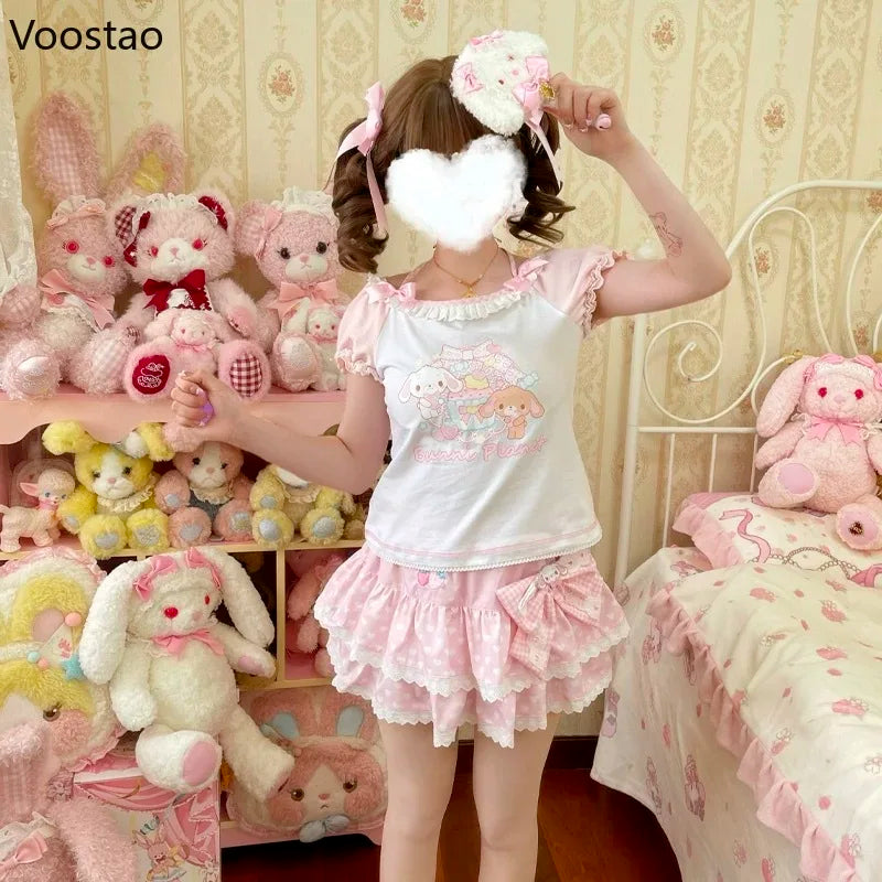 Kawaii Lolita Style 2 Piece Set Women Sweet Cute Cartoon Print T-Shirt Tops Bow Lace Ruffles Mini Cake Skirts Female Korean Suit