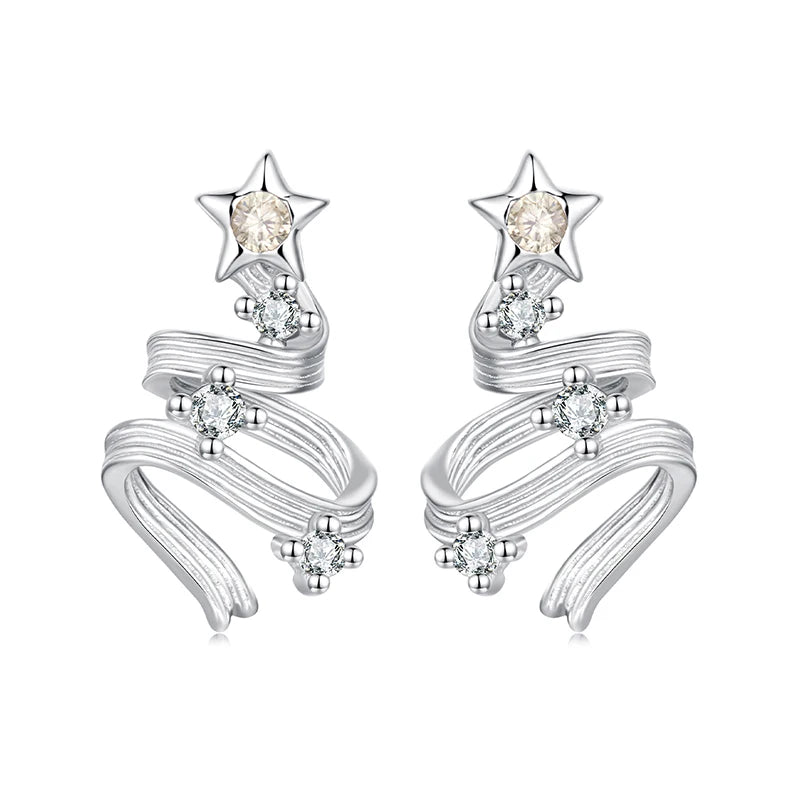 WOSTU Solid 925 Silver Christmas Tree Star Stud Earrings For Women, AAA Cubic Zirconia Bar Studs Luxury New Year jewelry gift