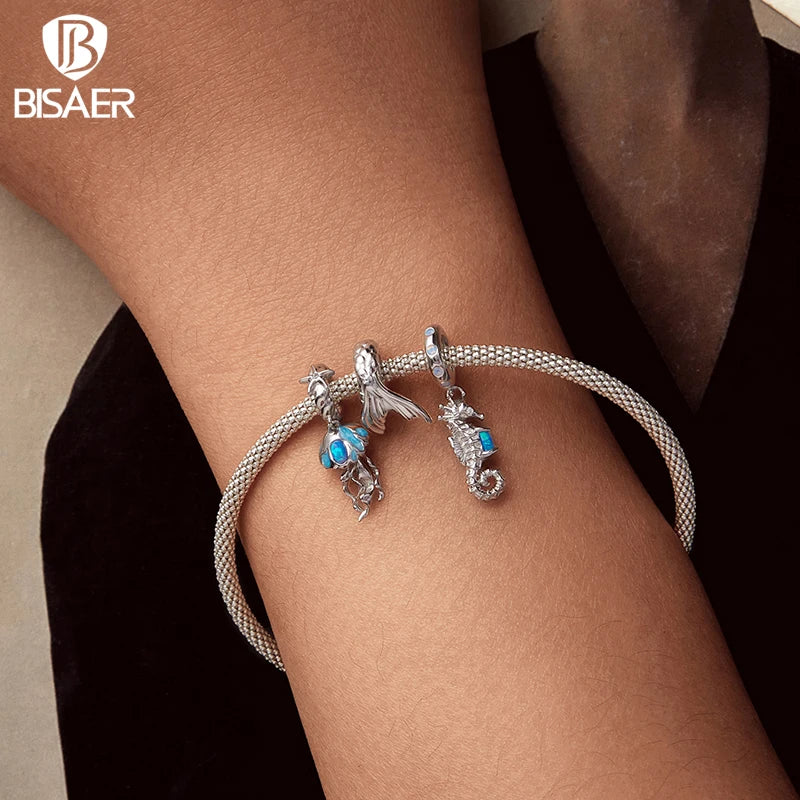 BISAER 925 Sterling Silver Fantasy Turtle Octopus Charm Bead Starfish Seahorse Fishtail Pendant for Women DIY Bracelet Jewelry
